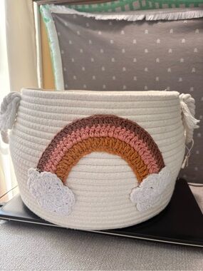 Cotton Rope Storage Basket with Pink, Brown & Orange Crocheted Rainbow